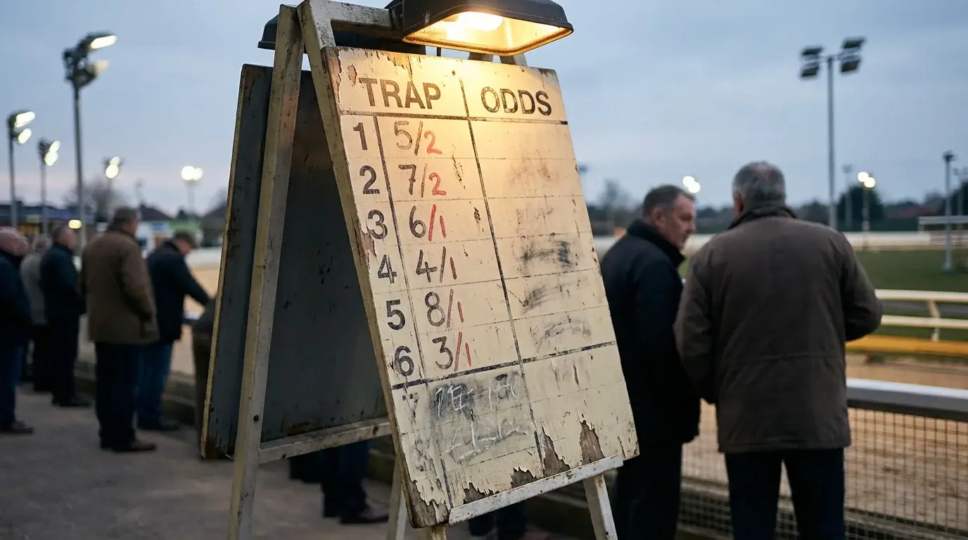 Bookmaker odds board displaying greyhound racing prices at a UK track betting ring