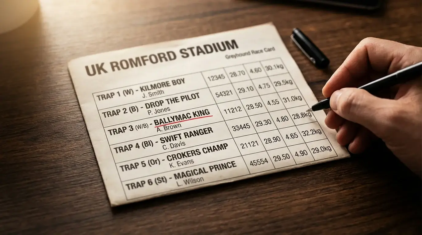 Greyhound race card showing form figures, trap draw and sectional times for UK GBGB racing