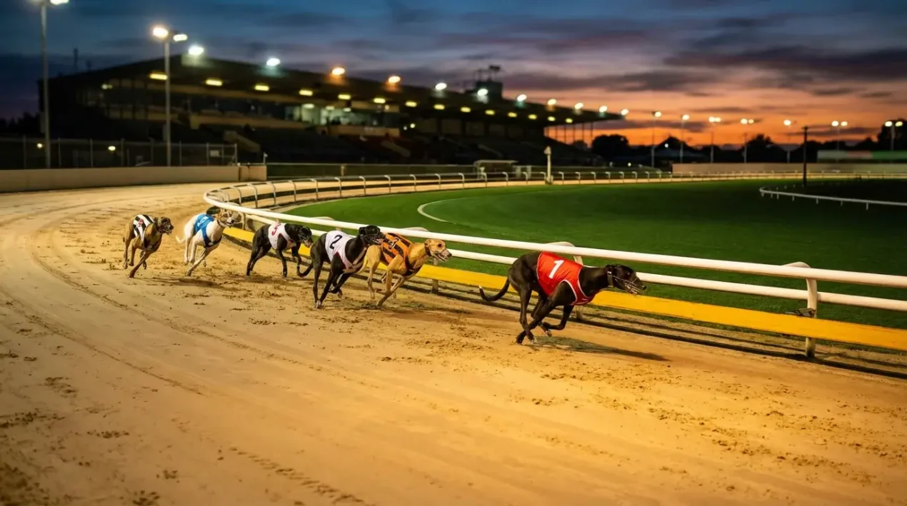 UK greyhound racing — dogs rounding the first bend at a licensed GBGB track