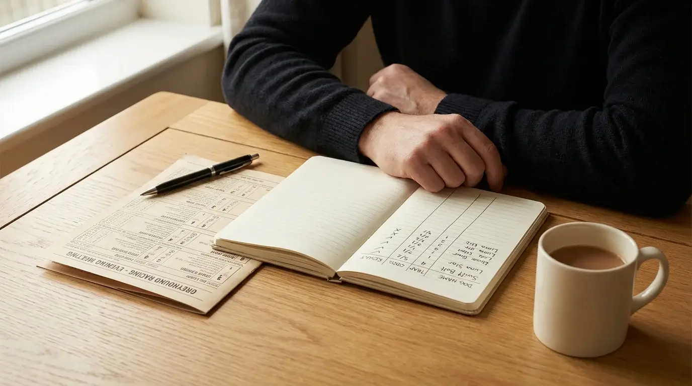 Punter reviewing greyhound betting records in a notebook with a race card and pen on a desk