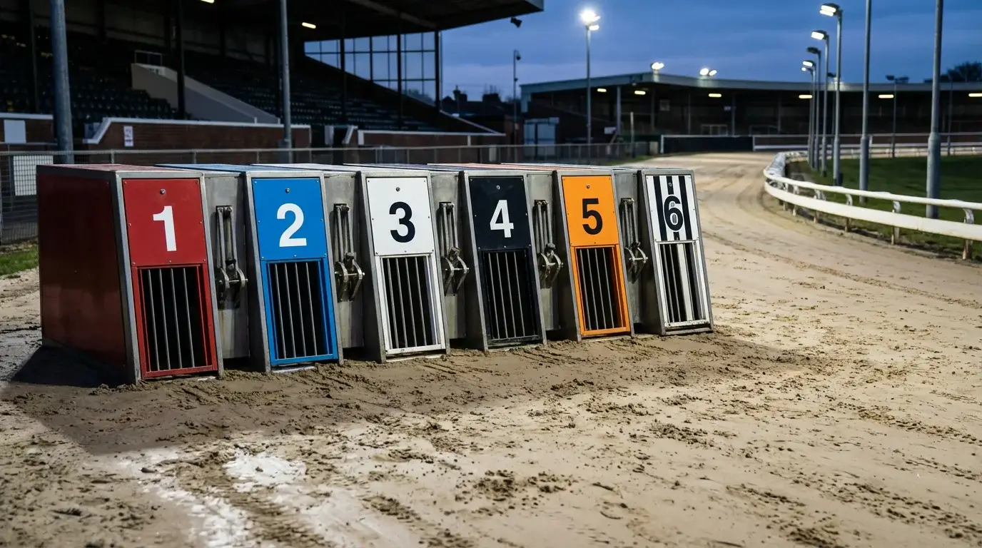 Six greyhound starting traps with colour-coded boxes at a UK racing track